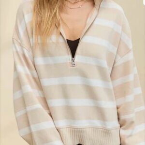 Aerie Spring Mockneck Quarter Zip Pullover Sweatshirt  Size Large Tan & Cream